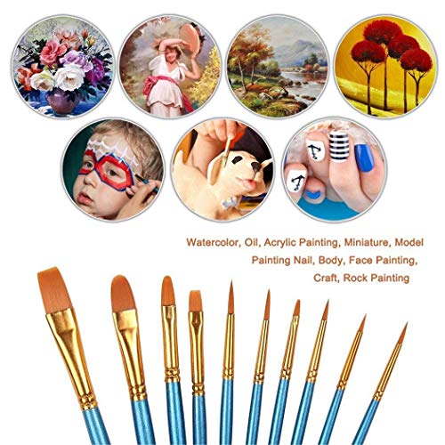 Xubox Paint Brushes Set, 10 Pieces Round Pointed Tip Nylon Hair Artist Acrylic Paintbrushes, Paint Brushes For Acrylic Painting Oil Watercolor Face Nail Body Art Craft, Miniature & Rock Painting, Blue #TOP2