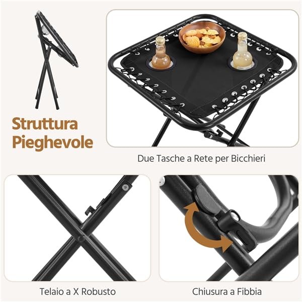 Yaheetech Set di 2 Sedie Sdraio da Giardino Zero Gravity e Tavolino con Portabicchieri, Set Sedie Pieghevoli con Poggiatesta, Portabicchieri, Pedale, Schienale Regolabile, Nero (Nero)