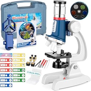 58-Piece Kids Microscope Kit – 100X-1200X Magnification, Metal Body, LED Light, Carrying Box – Science Experiment Toy for Kids Ages 5-12