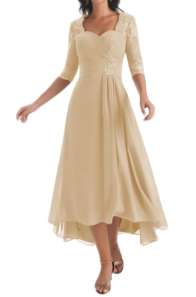 HPPEE Tea Length Mother of The Bride Dresses for Women Pleated A Line Lace Applique A Line Chiffon Long Formal Dress Champagne UK18
