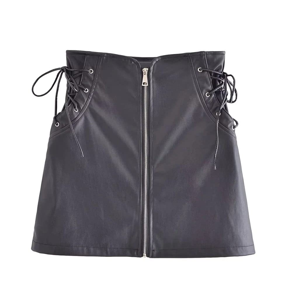 Röcke Damen,Damen-Minirock Schwarz High Waist Kordelzug Pu Hüftumwickelter Lederrock Mit Reißverschluss Schlanker A-Linie Einfarbiger Lässiger Kurzer Rock Für Mädchen Damen,S