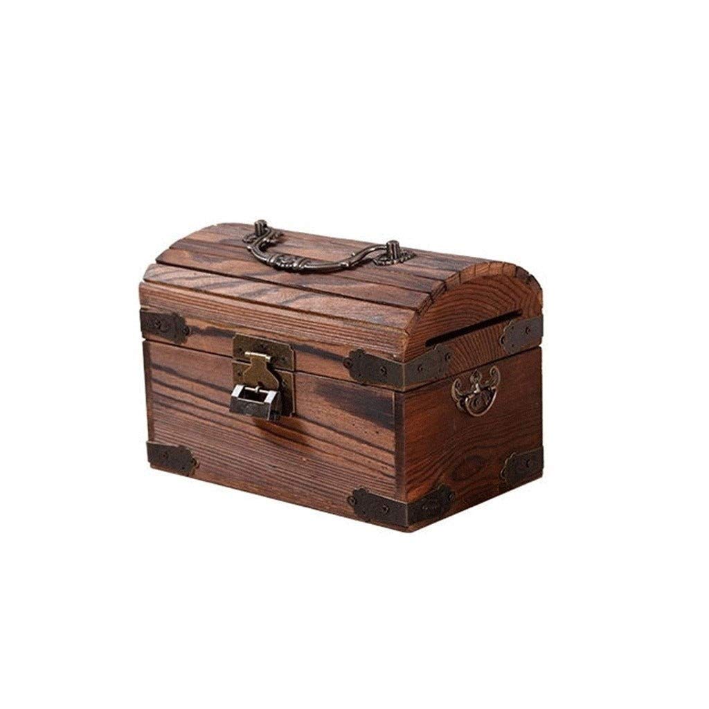 Solid Wood Piggy Bank with Lock Coin Large Capacity Retro Money Box Creative Adult Children's Banks(B)