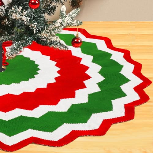 Rotatingpals 48 Inch Knitted Christmas Tree Skirt Red White Green Knit Crochet Large Tree Skirt Rustic Candy Stripe Snowflake Pattern Double Sided Mat for Holiday Merry Xmas Party Farmhouse Home Decor
