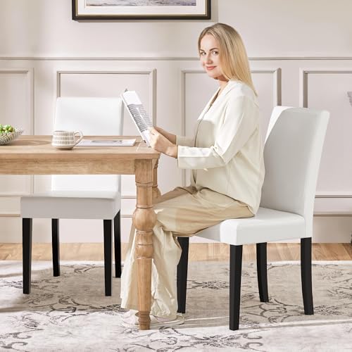 Image of Yaheetech Dining Chairs Set of 2 Faux Leather Modern Dining Room Chairs with Rubberwood Legs and Padded Seat for Kitchen /Living Room /Restaurant, White