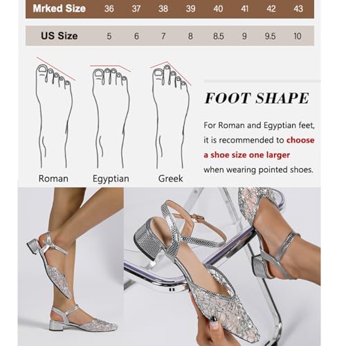 Women's Silver Mesh Flats Sandals Silver Pumps Chunky Heel Glitter Pointed Toe Buckle3