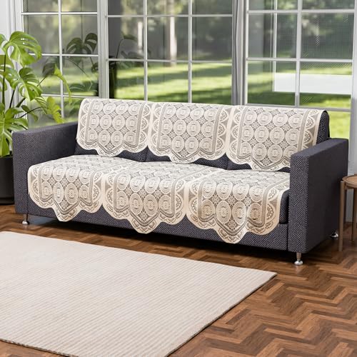 Image of Kuber Industries (Set of 10) Stylish & Durable Cotton Sofa Covers 5 Seater | Washable Sofa Protector /Mat & Slipcover for Hall, Living Room & Office | Plain Circle - Off White