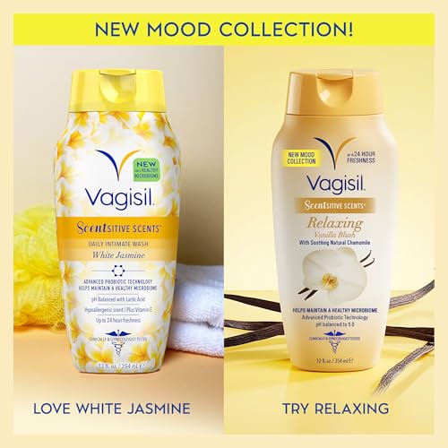 Image of Vagisil Feminine Wash for Intimate Area Hygiene, Scentsitive Scents, pH Balanced and Gynecologist Tested, White Jasmine, 12 oz (Pack of 1)