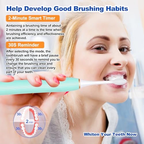 FXQQZZ Electric Toothbrush for Adults and Kids, with Tongue Scraper and Travel Case, 8 Brush Head, Smart Timer & 4 Modes Rechargeable Toothbrush, 42000 VPM Deep Clean, One Charge Last 90 Days -Blue — view 4