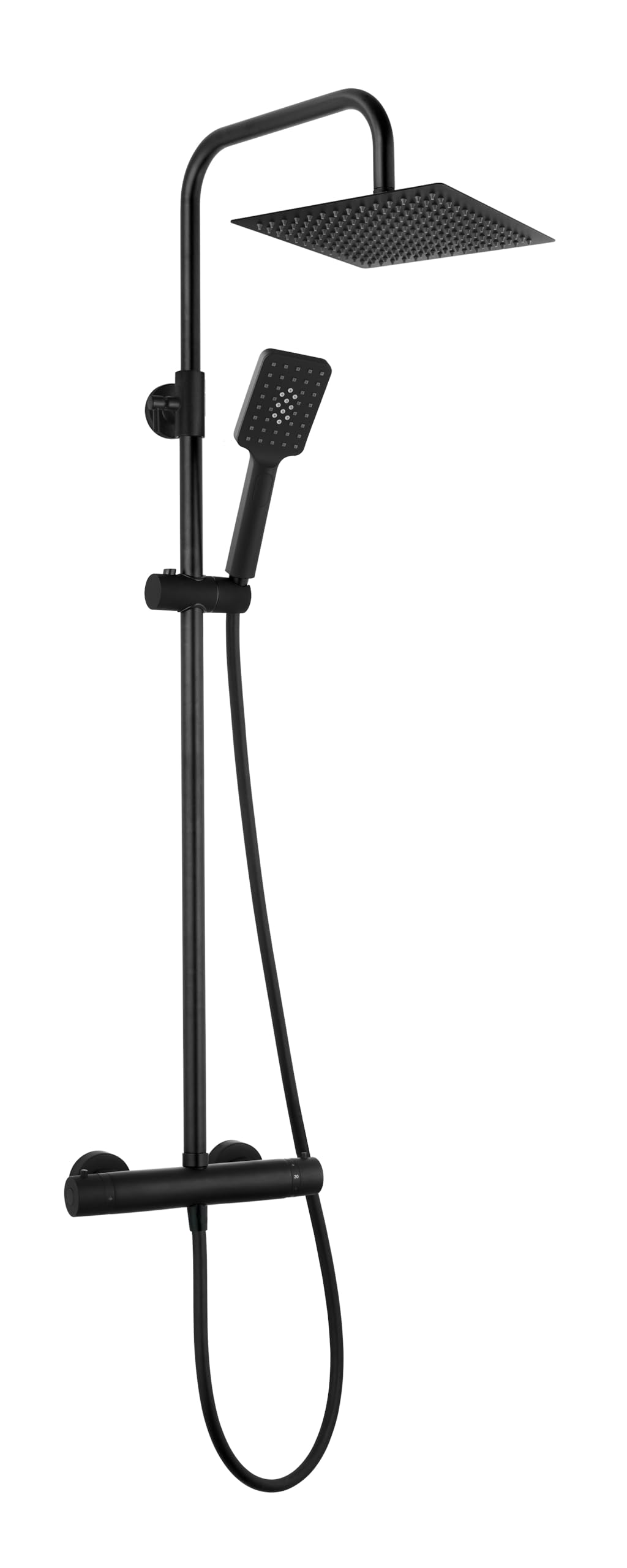 AQG Sistema de Ducha Termostática Nite Negro con Rociador Atlas 25x25 cm - Acabado Negro Mate, Altura Ajustable