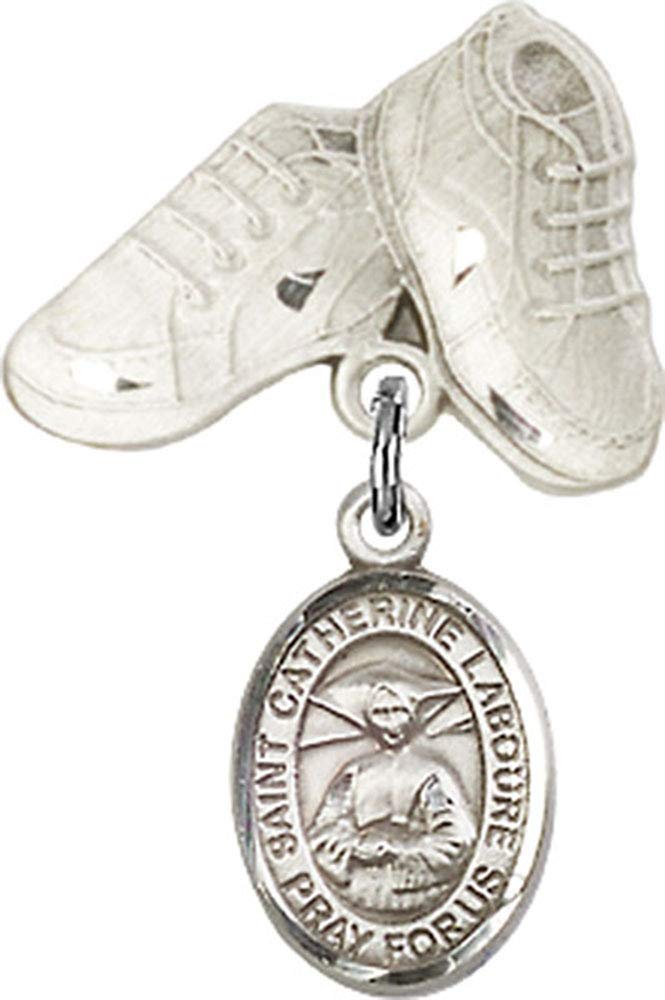 Jewels Obsession Baby Badge with St. Catherine Laboure Charm and Baby Boots Pin | Sterling Silver Baby Badge with St. Catherine Laboure Charm and Baby Boots Pin - Made In USA