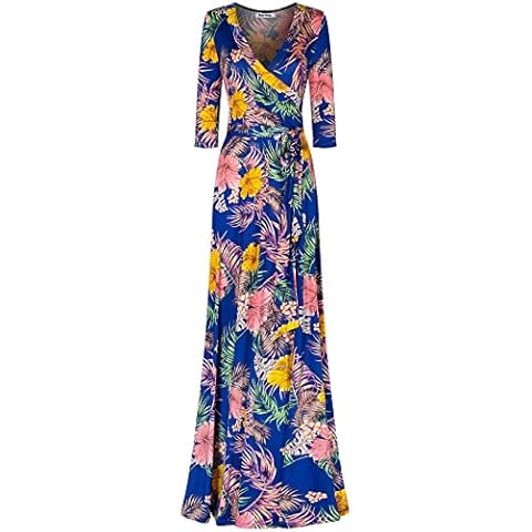 Bon Rosy Women's Spring Summer 3/4 Sleeve V-Neck Printed Maxi Faux Wrap Dress Easter Mother's Day Wedding Bridal Baby Shower Maternity Nursing Music Festival O1jERf Royal Blue S Cover