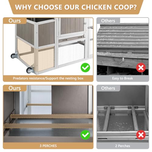 PetsCosset Chicken Coop with Run, Mobile Hen House with Wheels, Indoor/Outdoor Rabbit Hutch, Predator-Resistant, Nesting Box, 3 Perches, Tray, Combinable Design, for Chickens and Bunnies, Grey - Thumbnail 5
