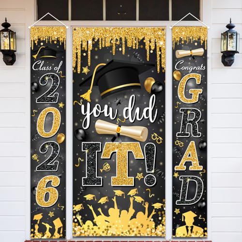 Image of Black and Gold Graduation Decorations Class of 2026 Congrats Grad Banner and You Did It Door Cover for High School College Grad Party Supplies(Black)