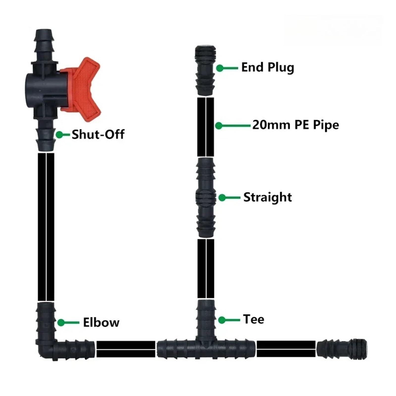 Junta de tubería de PE, conector de codo recto en T de 16mm, 20mm y 25mm, conector de manguera rociadora for riego de invernadero(Straight,25mm,50 pieces)