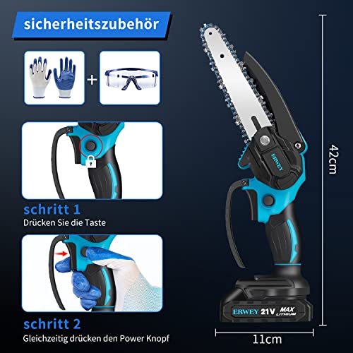 ERWEY Mini Kettensäge mit Akku 2000mAh, 4-Zoll und 6-Zoll 2-in-1 Elektrische Kettensägen-set mit bürstenlosem Motor und Superleistung, Tragbare Handkettensäge für Bäume Gartenarbeiten Holzschneiden – Bild 4