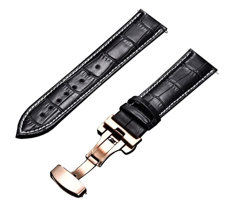Image of 18mm 19mm 20mm 21mm 22mm 23mm 24mm Genuine Leather Butterfly Deployment Clasp Buckle Watch Band Strap Black Dark Brown TAN Blue Rose Black Gold White