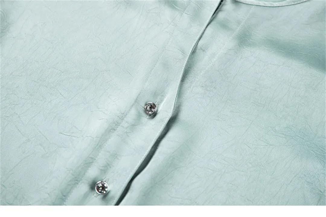 Blusa lisa para mujer, de manga larga, cuello redondo, de satén, para oficina, trabajo