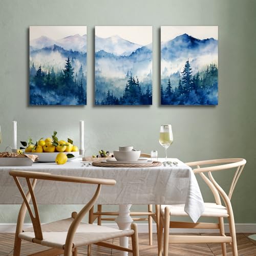 SERIMINO Nature Landscape Canvas Wall Art for Living Room, Forest Mountain Canvas Prints Paintings, Blue Modern Farmhouse Wall Decor for Bedroom Bathroom Set of 3, 16"X24"