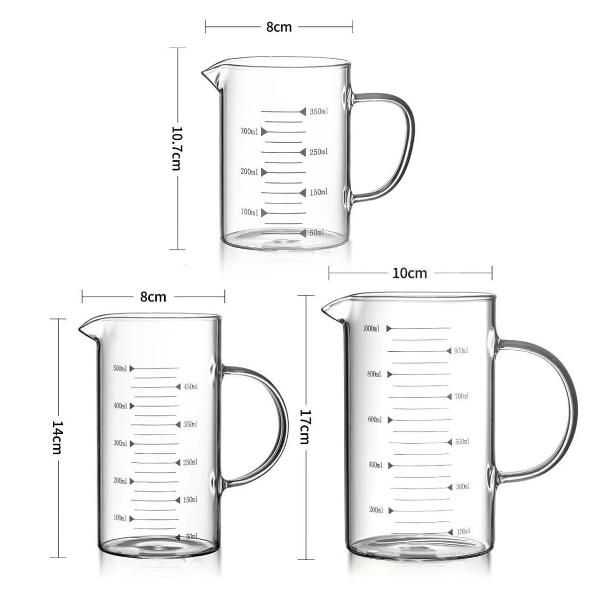 3-pak szklanych kubków z miarką, 350 ml, 500 ml i 1000 ml, kubki do pomiaru płynów z uchwytem, do pieczenia, gotowania, mieszania i pomiaru