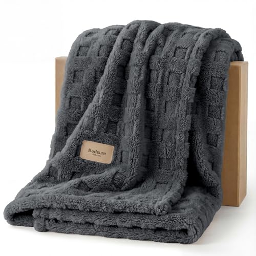Bedsure Waffle Throw Blanket for Couch - Dark Grey GentleSoft Fluffy Checkered Blanket for Sofa Bed...