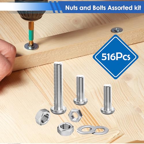 smseace 516Pcs Nuts and Bolts Assortment Kit 21-Sizes M3/M4/M5/M6 Nut Bolt Washer Assortment Kit for Machinery, Furniture, Automotive, Motorcycle Repairs