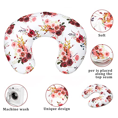SWESEN Floral Nursing Pillow Cover for Baby Girl, Soft Organic Breastfeeding Pillow Slipcover, Burgundy Watercolor Flower - Thumbnail 3