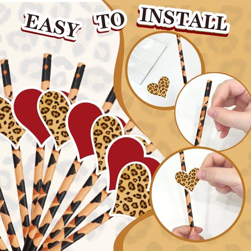 50 pitillos de papel rojos con diseño de corazones y leopardo miniatura 5