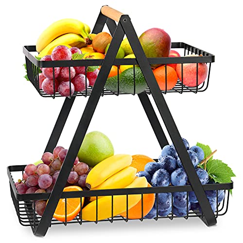 Voency Panier à fruits à 2 étages avec poignée en bois, support de rangement pour fruits, légumes, pain, collations (Noir) Cover