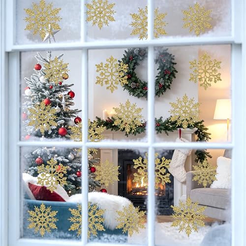 Image of 60pcs Christmas Gold Snowflake Ornaments Plastic Glitter Snow Flakes Ornaments for Winter Christmas Tree Decorations Size Varies Craft Snowflakes