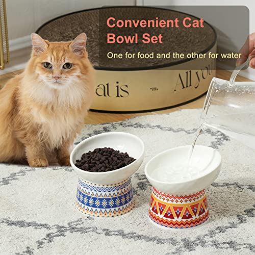 Yauyik Raised Cat Food Bowls - Ceramic Tilted Cat Food And Water Bowl Set - Elevated Pet Feeding Bowls Stress Free For Kitten Elder Cats Small Dogs, Anti Vomiting, Neck Protection, Set Of 2 #TOP3