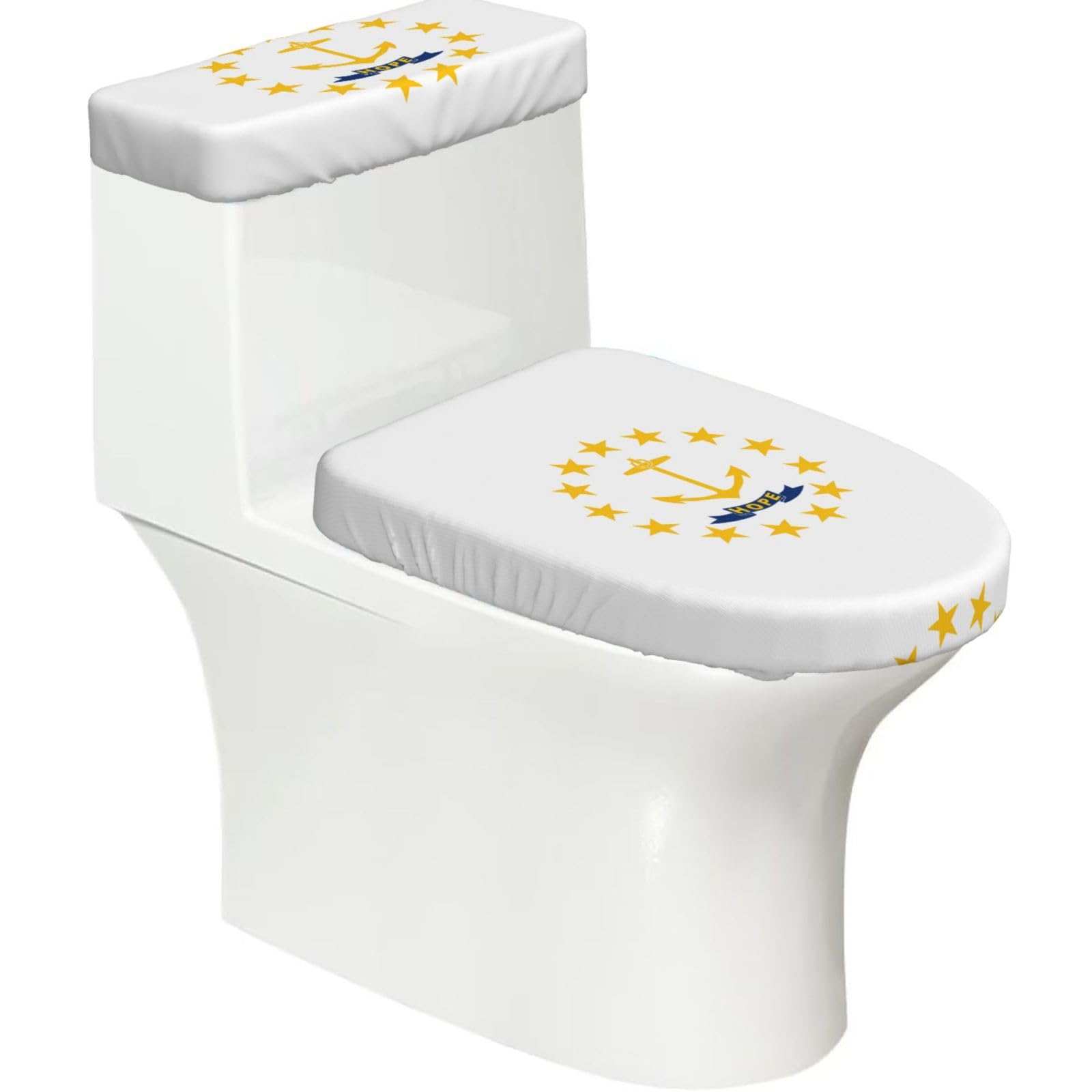Cntdbu Black Rhode Island State Flag Elastic Toilet Cover Set Of 2-Stretchy Lid And Tank Covers For Bathroom, Soft Washable U Shape Toilet Decor