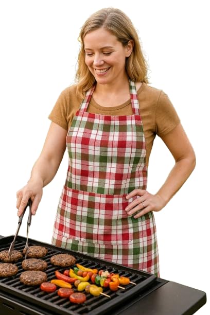 JYOTEX Holiday Plaid Kitchen Apron, Red and Green Checkered Pattern, Outdoor BBQ Cooking (Set D)-image-34