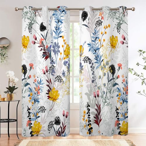 Renaiss Botanical Plants Blackout Curtains, Wild Flowers Plants Print Thermal Insulated Bedroom Window Curtains, Boho Floral Window Drapes for Living Room, 63" L x 42" W 2 Panel Set