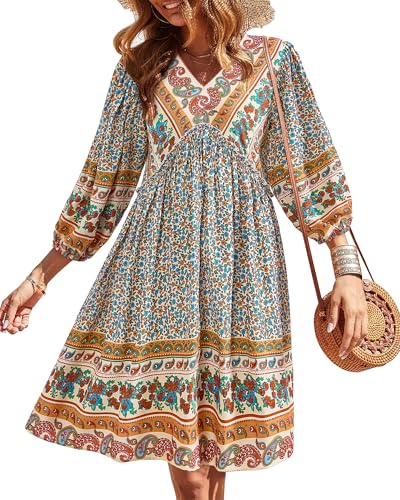 Image of BTFBM Women Casual Spring Summer Dresses V Neck 3 /4 Long Sleeve Ruffle Floral Flowy Boho Babydoll Mini Short Beach Dress