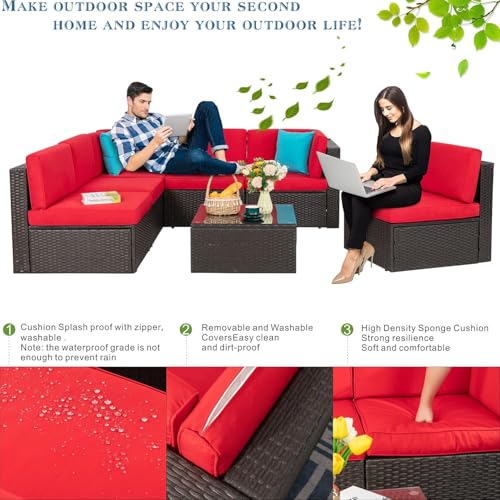 Vongrasig 7 Pieces Patio Furniture Sets, Outdoor All-Weather Wicker Patio Conversation Sets, L-Shaped Rattan Sectional Patio Sofa with Glass Table for Backyard, Red - Thumbnail 5