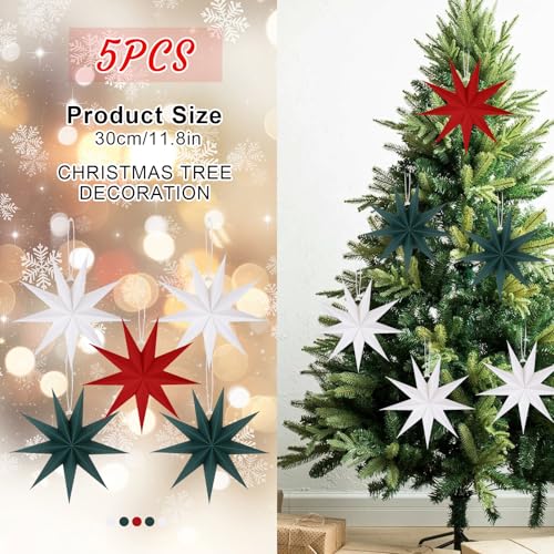 Image of 5 PCS Red Green White Paper Star Lanterns Hanging Stars Christmas Party Decorations Hanging Lampshade Wedding Birthday Home Party Decorations (12 Inch)