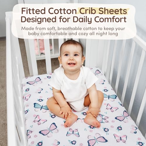 Image of Butterfly Baby Crib Bedding Set Girl 28 inchx52 inch, 8 inch Deep Pocket - 5 pcs Baby Bedding Set with Blanket, 2 Crib Sets for Girls Cotton Fitted Sheets, Skirt, and Butterfly Wall Sticker - White & Pink