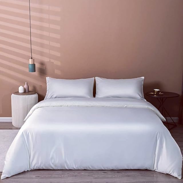Duvet Cover Set Silky Satin White Double Size -Includes 1*Quilt Set (200*200cm) and 2* Envelop Pillowcases (50*75cm)-Soft Silk-like Hotel Luxury Microfiber Bed Cover Sets with Zipper and Ties