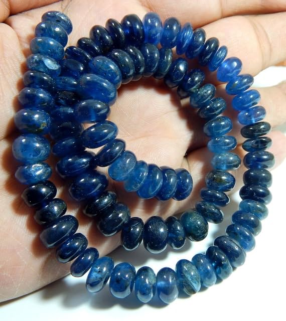 Cyanite perles rondelles lisses grand format fil 9 pouces pierre bleue