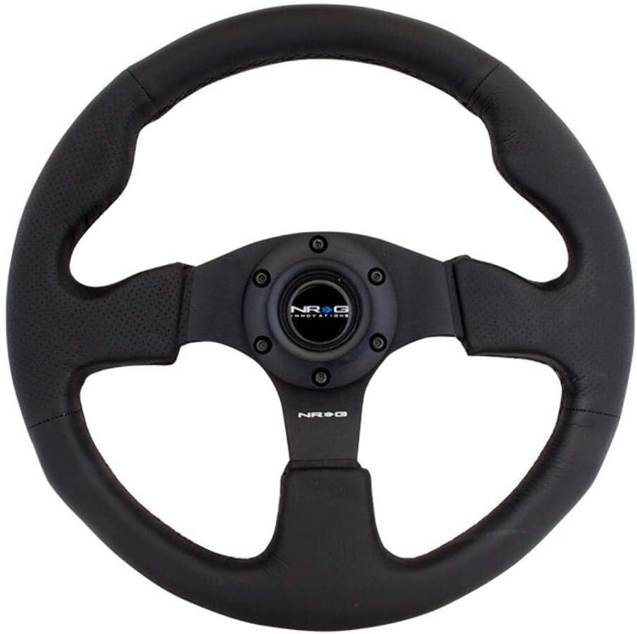 NRG Innovations NRG-RST-012R 320mm Reinforced Leather Steering Wheel Black Stitch Thumb Grips Universal Race Fit