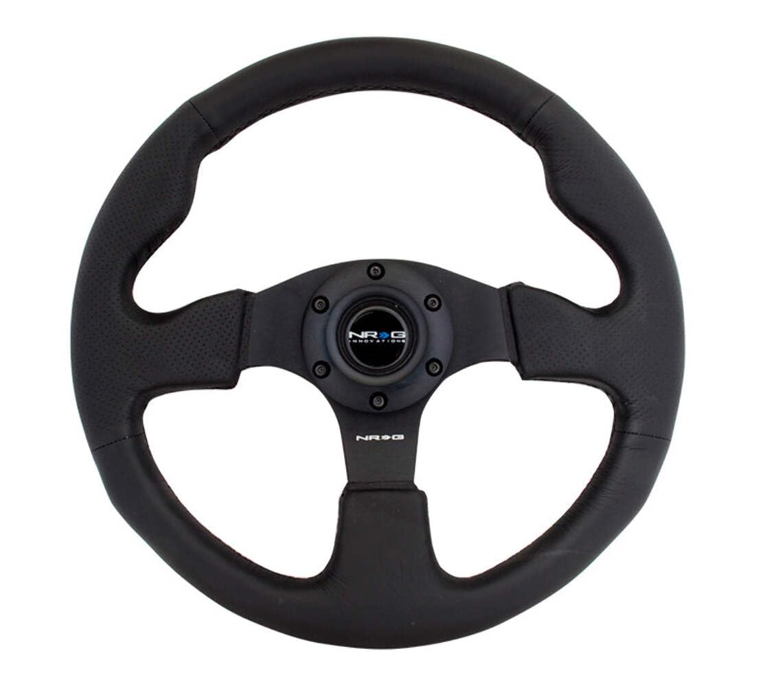 Volante reforzado NRG RST 012R de NRG Innovations, volante de cuero de 320 mm con costuras NEGRAS, empuñadura negra para el pulgar, radios dobles remachados y botón de bocina.