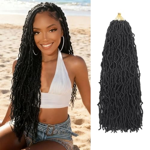20 Inch Faux Locs Crochet Hair 7 Packs Pre Looped Soft Locs Butterfly Locs Goddess Locs Synthetic Dreadlocs For Black Women （1B Black）