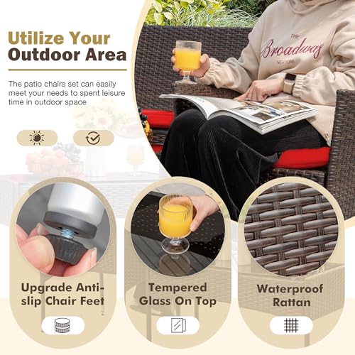 Image of Homall 4 Pieces Patio Rattan Chair Wicker, Outdoor Indoor Use Backyard Porch Garden Poolside Balcony Furniture Sets (Red)