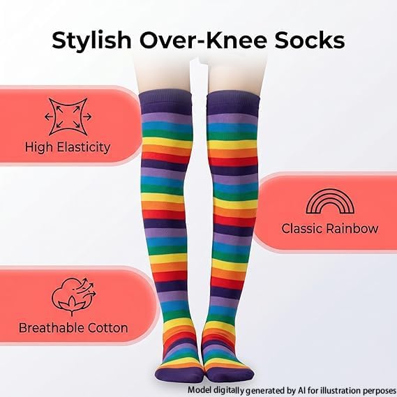2 Sets Rainbow Striped Leg Warmers for Women, Knee High Socks Long Knitted Arm Warmers Fingerless Gloves, Pride Halloween Costume Accessories