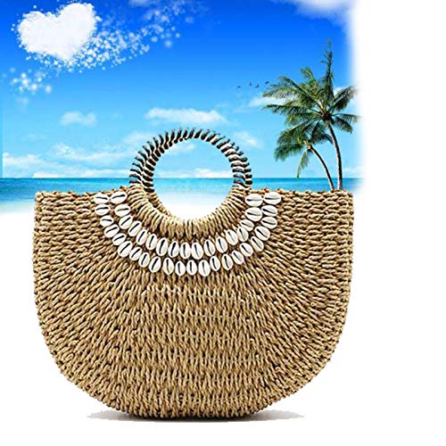 Chengstore - Bolsa de Playa Hecha a Mano con Forma de Luna y Paja