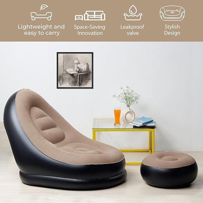 Image of Inflatable Recliner Sofa with Air Pump & Footrest, Portable PVC Air Lounge Chair for Living Room Bedroom Balcony Camping, Foldable Lightweight Relaxing Sofa Chair for Home Use, Coffee