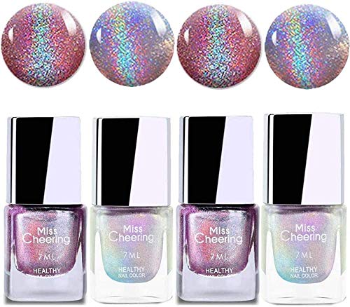 4 Pack Holographic Nail Polish, Irridescent Nail Polishes,Glitter Gorgeous Glossy Holographic Halo Glitter Polish Nail Art Nail Pigment Diamond Laser Nail Polish …