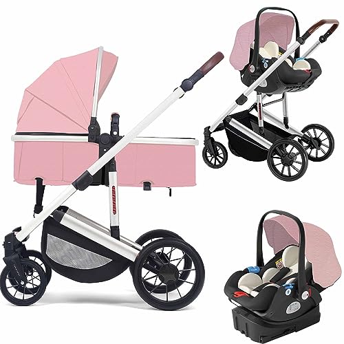Lulicy 3-in-1 Baby Stroller with Bassinet Mode Infant Pushchair Aluminum Alloy Frame High Landscape Stroller Lightweight Stroller Pram with Base Newborn (Color : Pink)
