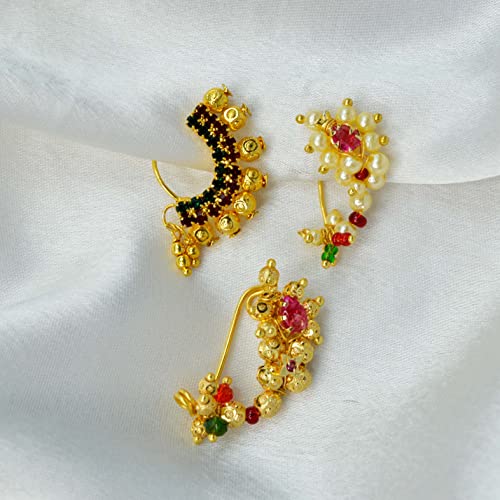 Image of Medium Size Traditional Maharashtrian Banu Nath Nose ring without piercing Pearl Gold Plated Nath Combo Clip On Nose Ring For Women