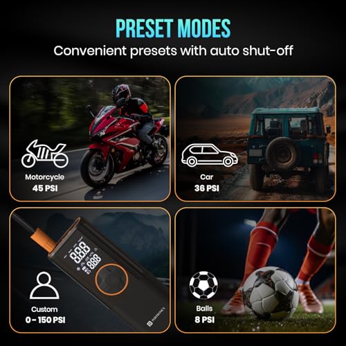 Image of Portronics Vayu 4.0 Tyre Inflator with 2-in-1 Rechargeable & Corded Power, Preset Inflation Modes, Digital Display, Flashlight Torch, Auto Shut-Off, Air Pump Compressor for Car & Bike (Black)